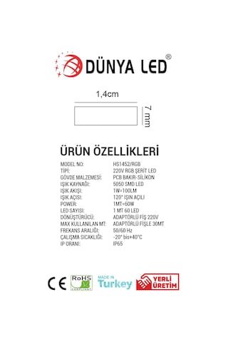 Hs.1452-Rgb20 220V 60 Ledli Rgb Hortum Led 20Metre+Aparat Hediye