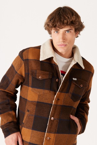 Wrangler Loose Fit Rahat Kesim Dik Yaka Kahverengi Ekoseli Sherpa Ceket W4E0XZY80 Kahverengi