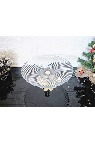 Büyük Boy 31 Cm Yuvarlak Sunumluk & Servi S Tabaği Döküm Semerkand Gold Ayak Beyaz