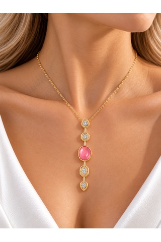 Terragolds Çelik Zincir Pembe Gold Renk Zirkon Taşlı Y Kolye - Bko10556