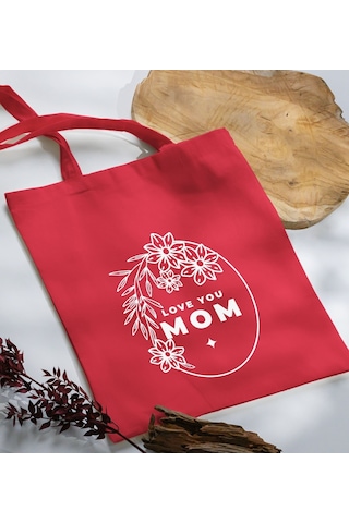 Bk Gift Anneler Günü Tasarımlı Kırmızı Kumaş Bez Çanta, Baskılı Omuz Çantası, Alışveriş Çantası, Anneler Günü Hediyesi, Anneye Hediye-4 Kırmızı