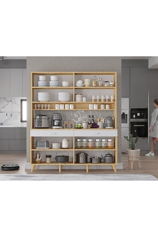 Denze Kahve Köşesi Çok Amaçlı Dolap Kiler Mutfak Dolabı Meşe Beyaz 160cm Meşe Beyaz