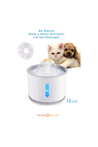 TechnoSmart Kedi Köpek Su Çeşmesi Su Pınarı Kabı Led Işık Göstergesi