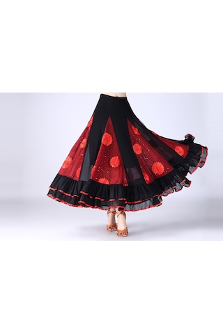 Sones Pullu Çiçek Salıncak Modern Dans Eteği Siyah Çiçek+kırmızı Siyah - Kırmızı