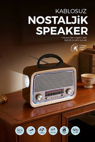 Bluetooth Nostaljik Speaker Fm/am/sw Radyo Şarj Edilebilir Aydınlatmalı Retro Hoparlör