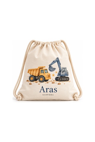 Gıovera Mini Trucks İş Makineleri İsim Baskılı Büzgülü Bez Sırt Çantası 35x40 Cm - Aras Ham Bez
