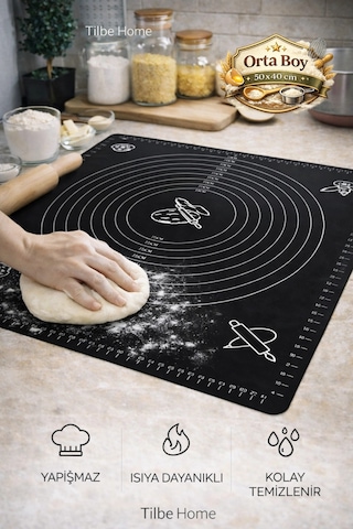 Tilbe Home Silikon Hamur Açma Yoğurma Matı Fırın Altlığı Ölçekli Mat Orta Boy Siyah 50x40cm