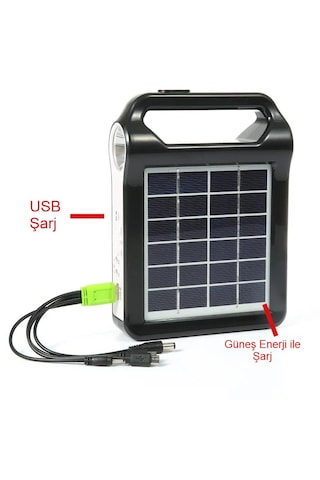 Solar Şarjlı Kamp Feneri Güneş Enerjili Usb Çok Amaçlı Aydınlatma Siyah - Sarı