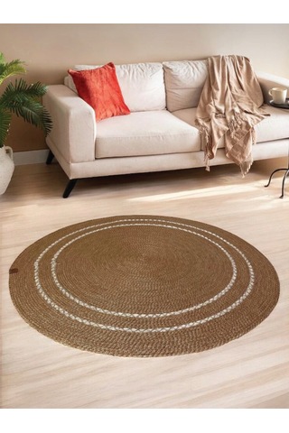 Yuvarlak Dekoratif Çeyizlik Kilim 100 Cm - Leke Tutmaz -kolay Temizlenebilir- Natural Kahverengi