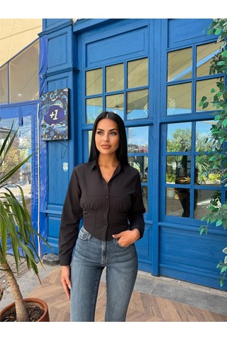 WeShaya Siyah Desenli Polyester Parçalı Gömlek Siyah