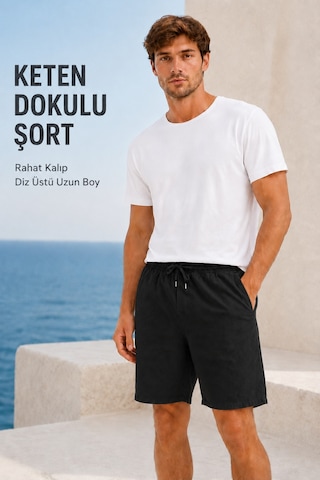 Masion Rae Erkek %100 Siyah Keten Şort, Bağcıklı Bel, 3 Cepli, Rahat Kesim, Geniş Paça, Günlük Yazlık Şort