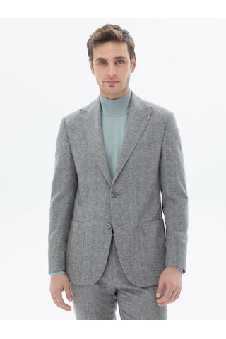 Gri Çizgili Modern Fit Yün Karışımlı Takım Elbise Gri