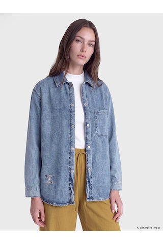 Lcw Modest İndigo Gömlek Yaka Oversize Kadın Jean Tunik