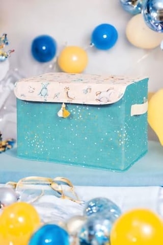 Anne Bebek Kapaklı Kutu, Maxi Boy, Bebek Odası Düzenleyici, 35x24x23cm, Mavi Renk Açık Bej