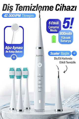 Auhma Amf14 Ultrasonik Diş Temizleme Cihazı Beyaz 42.000 Titreşim/dk 5 Mod Ipx8 Su Geçirmez