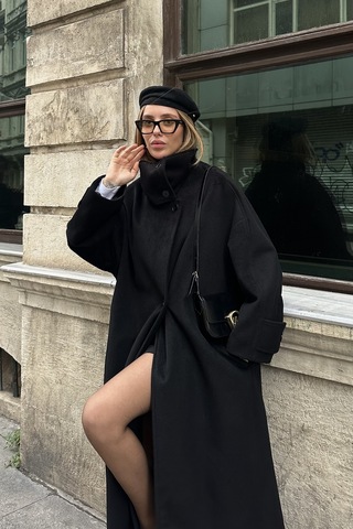 Siyah Vittoria Düğmeli Yaka Kaban - 2511 Siyah