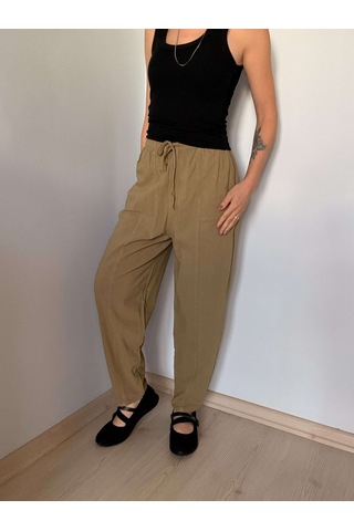 Haki Havuç Kesim Keten Pantolon Olive