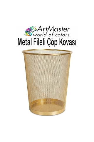 Altın Sarı Çöp Kovası Paslanmaz Çelik Fileli 1 Adet Ofis Büro Okul Çöp Kovası Metal Delikli Kolay Kullanım Altın
