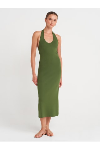 Dilvin 91476 Halter Yaka Midi Elbise-koyu Haki Koyu Haki