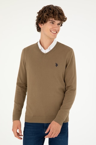 U.S. Polo Assn. Erkek Slim Fit V Yaka Haki Basic Kazak 50293512-VR027