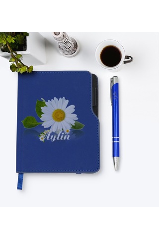 Kişiye Özel Papatya Temalı Lacivert Termo Deri Defter Kalem Seti- N11.137