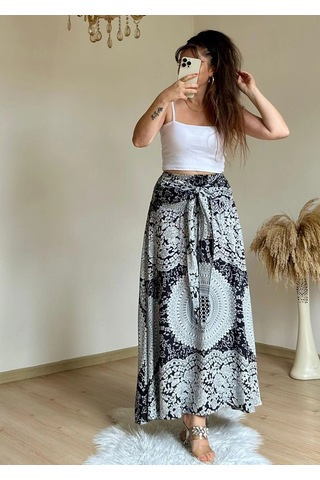 Azra Butik Otantik Desenli Etek Beyaz
