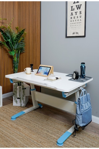 Sirius Simple Yükseklik Ve Eğim Ayarlı, Bilgisayar Ve Ofis Masası, Modern Ekru Çalışma Masası Mavi Gri