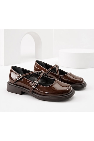 Dabab Shoes Marsel Kadın Acı Kahve Rugan Çapraz Bantlı Tokalı 2 Cm Kalın Taban Mary Jane Ayakkabı Kahverengi