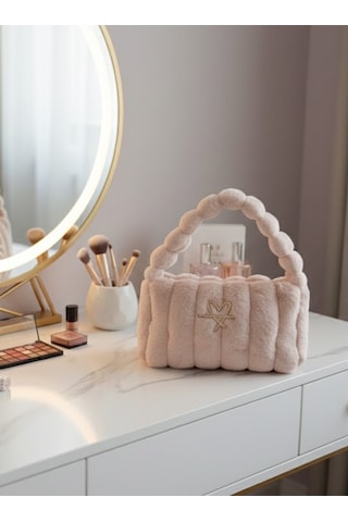 Caş Dekorasyon Krem Renk Peluş Makyaj Çantası