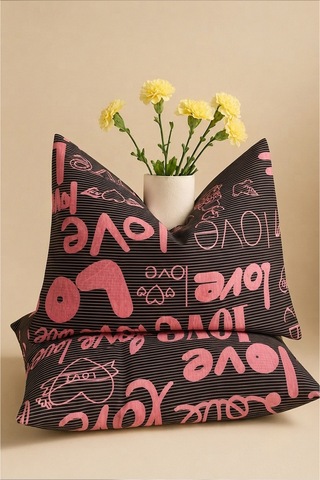 Love Desenli Pamuklu Ranforce Kumaş Fermuarlı Yastık Kılıfı 2 Adet 50x70 Cm Yeşil