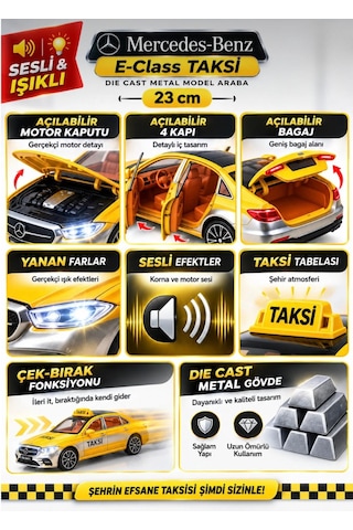 Oyuncak Taksi Mercedes Benz S680 V12 Maybach Sesli Işıklı Çek Bırak Açılabilir Kapılar Metal Kasa 23cm Sarı