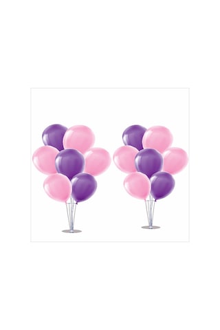 2 Adet Ayaklı Balon Standı 7li Set, 14 Adet Mor, Pembe Balon Çok Renkli