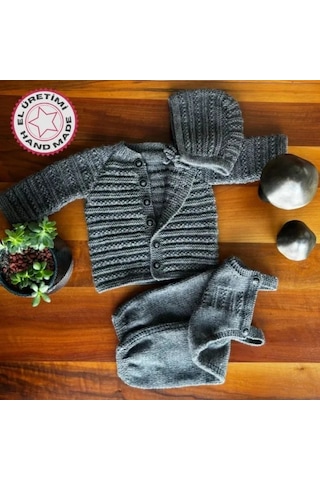 Uretti - Talia 8659 - El Örgüsü Erkek Çocuk Tulum - Hırka - Şapka Takım - 2 Yaş Gri