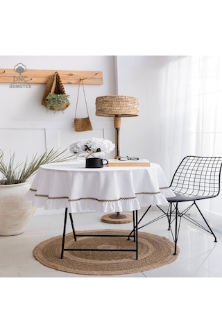 Dnc Home Tekstil Premium Keten Beyaz Fırfırlı Özel Seri Masa Örtüsü Beyaz