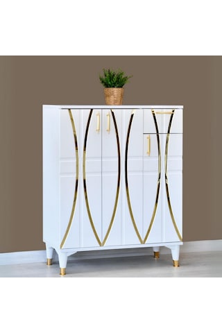 Ada Ayakkabılık Beyaz Gold Şeritli 3 Kapaklı 1 Çekmeceli 90x32x105 Cm