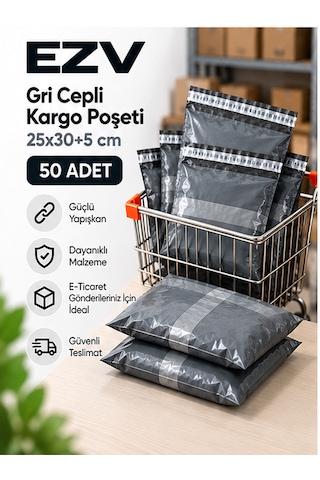 Gri Cepli Kargo Poşeti 25x30+5 Cm 50 Adet Yapışkanlı, Şeffaf Evrak Cepli
