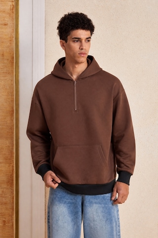 Makentmoda Kapüşonlu Yarım Fermuarlı Kanguru Cepli Oversize Sweatshirt Kahverengi M