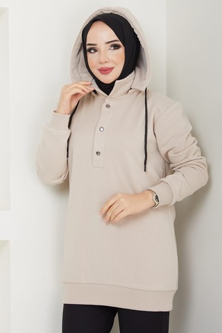Esilanur Çıkarılabilir Kapüşonlu 3 İplik Şardonlu Sweatshirt Bej