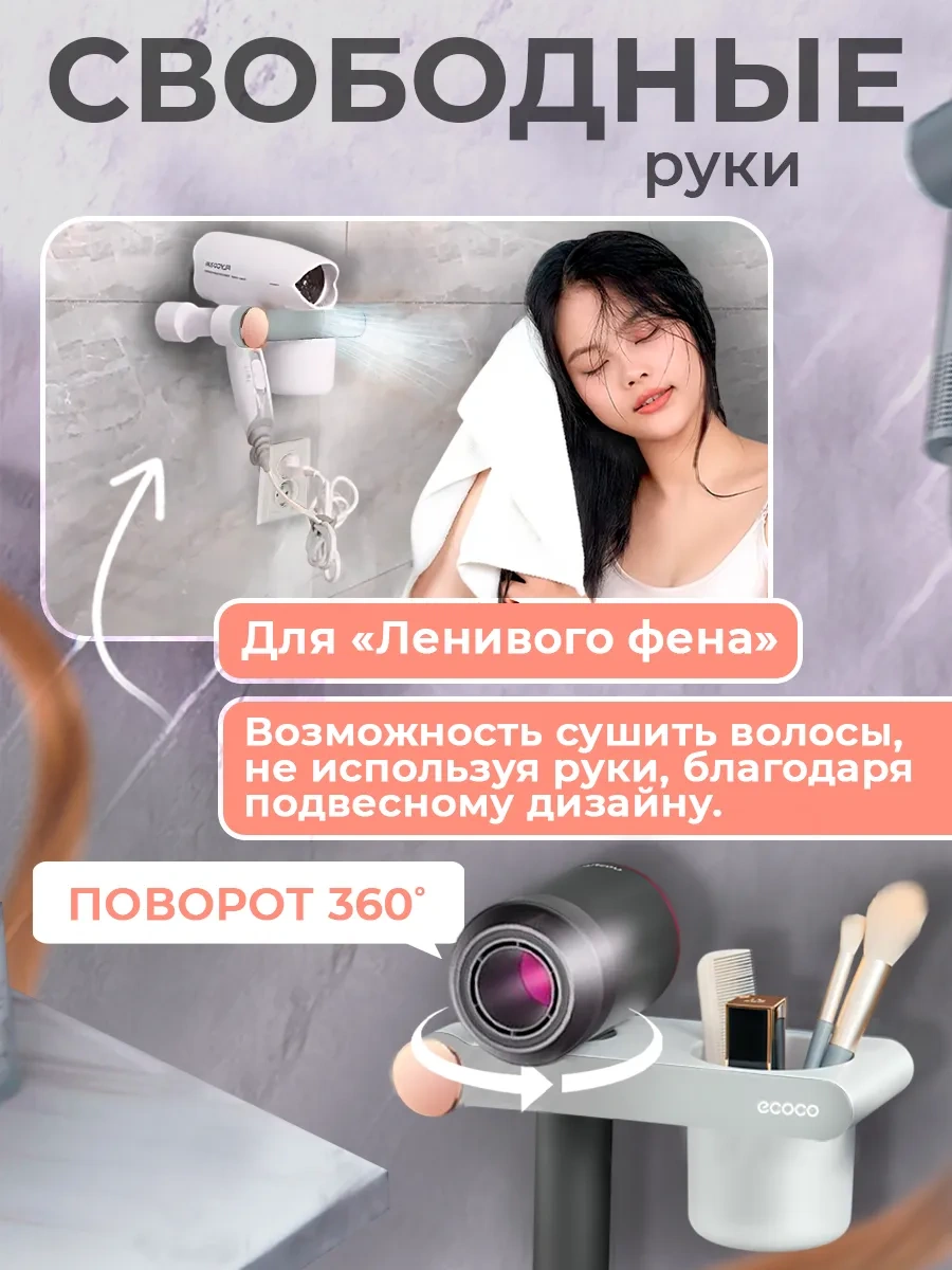 Ecoco Duvara Monte Saç Kurutma Makinesi Askısı, Delme Gerektirmez, Bardaklı 296294978 Gri