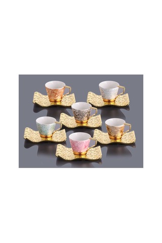 Türk Kahvesi Fincan Takımı Lüks 6 Kişilik Metal Renkli-gold Selçuklu Model Altın
