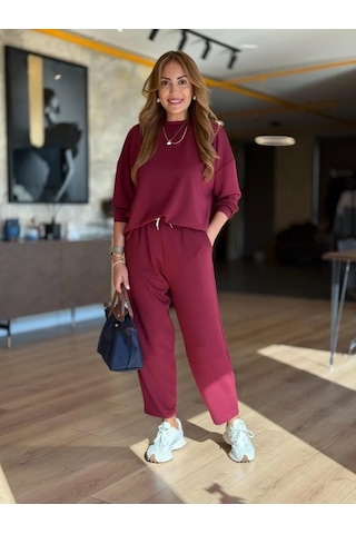 Tua Moda Kadın Uzun Kollu Bisiklet Yaka Viskon Iki Iplik Bluz Ve Pantolon Ikili Takım Bordo