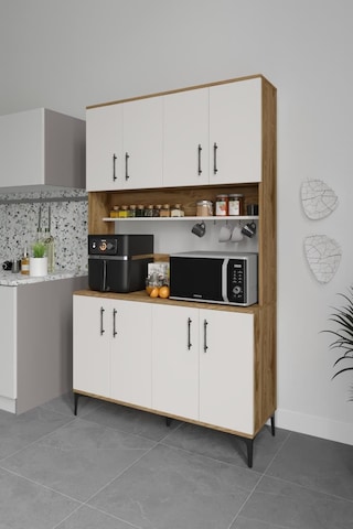 Plain Metal Ayak Metal Kulp Pla8120 Kahve Köşesi 8 Kapaklı Çok Amaçlı Dolap Erzak Dolabı Kiler Dolabı Saklama Dolabı Ekru Ceviz