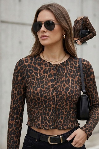 Kadın Leopar Desenli Crop Bluz Düğmeli Uzun Kollu Fit Yumuşak Dokulu Bluz - Kadın Bluz Leopar
