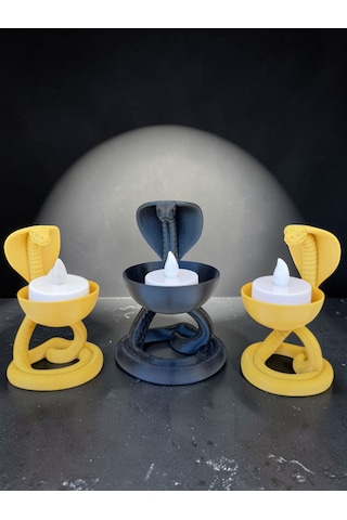 3'lü Kobra Figürlü Tealight Mumluk Seti Gold Mat Siyah Dekoratif Yılan Mumluk Gold - Siyah