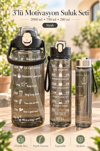 Madamev 3lü Motivasyonel Suluk Matara Seti 2000+750+280ml Pipetli Sticker Askılı Spor Okul Su Şişesi Siyah
