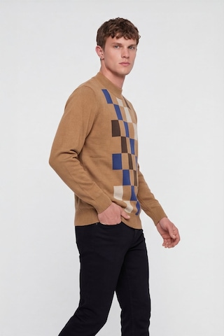 Sabri Özel Erkek Camel Normal Kesim Regular Fit Yünlü Dokuma Desenli Triko Kazak