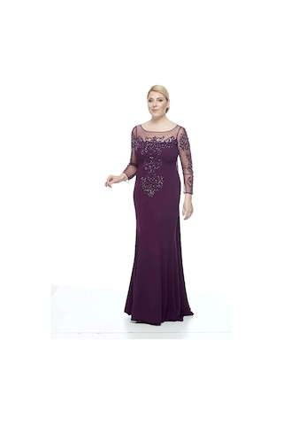 Moda Berray Kadın Uzun Kollu Arkası Şifon Kuyruklu Abiye Elbise Mürdüm 8028 Mürdüm