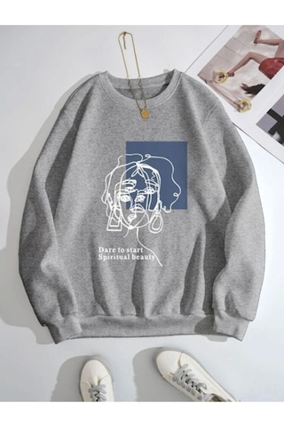 Spiritual Çizgi Figür Sweatshirt - Gri Baskılı Oversize Kalın Kışlık Bisiklet Yaka Gri