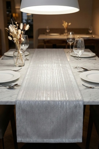 Lumen Serisi Simli Runner Gold / Silver , Premium Çeyizlik Lüks Şık Masa Örtüsü Runner 40x150 Cm Gümüş