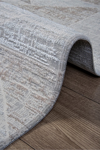 Gri Bej Polyester Halı Tozumaz Saçaklı Salon Oturma Çocuk Odası Yolluk Makine Bej